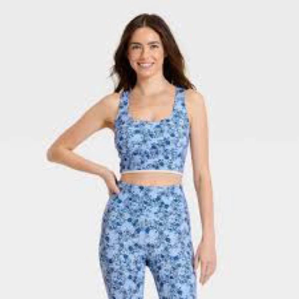 JoyLab Women's Floral Print Piped Longline Sports Bra, All Sizes - Blue